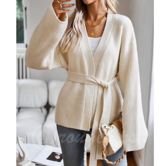 Rouge! Sweaters - Beige Knit Kimono Sweater Tie Belt Loose Fit Drop Shoulder Wrap